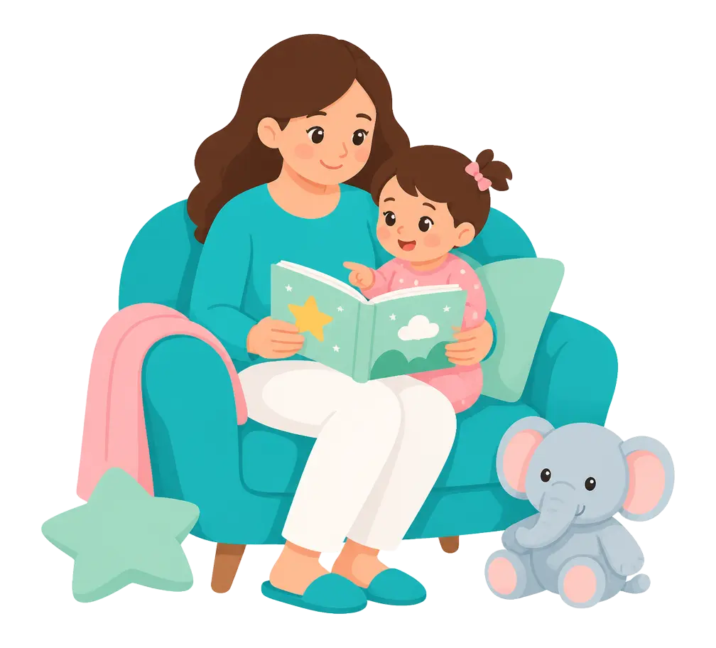 Illustration of a mother reading a picture book to her toddler