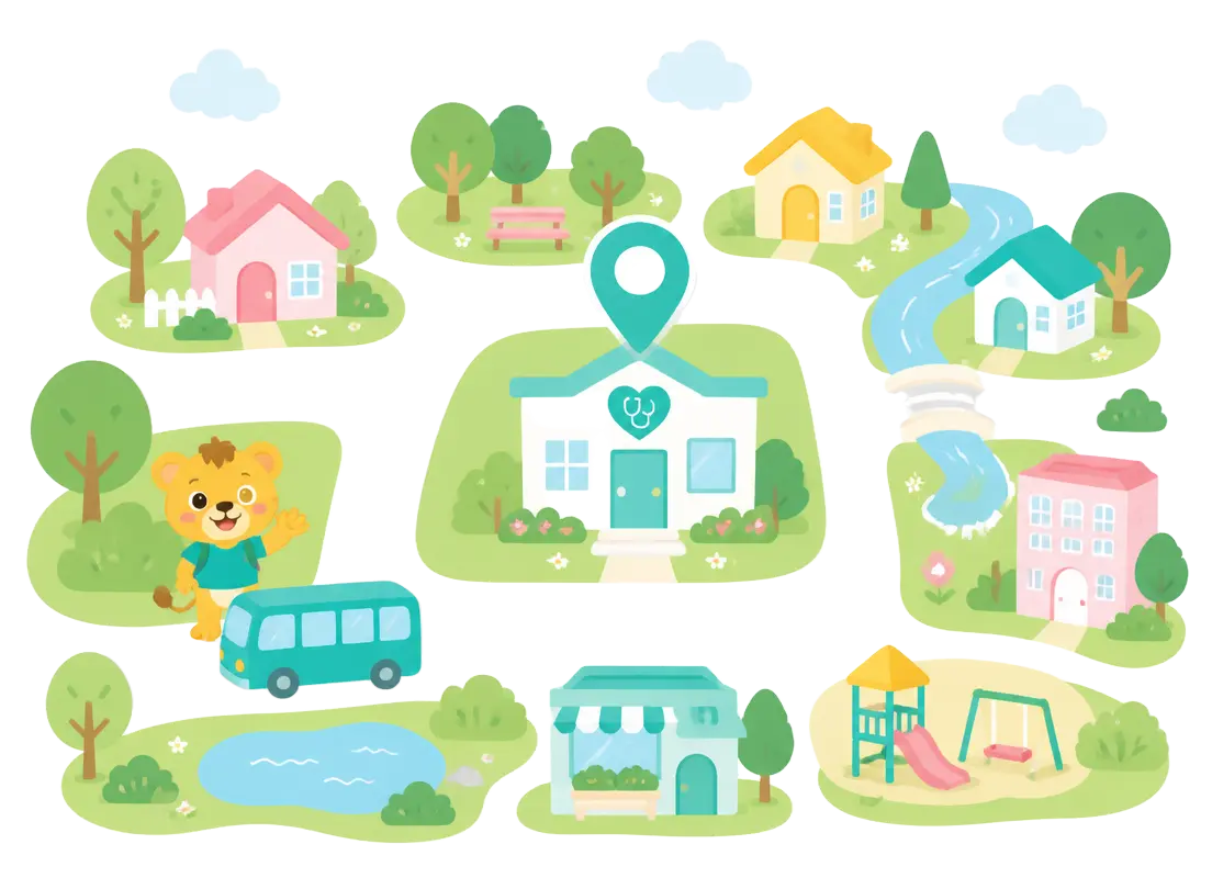 Illustrated map showing Vedha Pediacare clinic in Kumara Park East, Seshadripuram