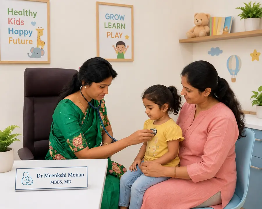 Dr. Meenakshi Mohan examining a child with her mother at Vedha Pediacare, Seshadripuram