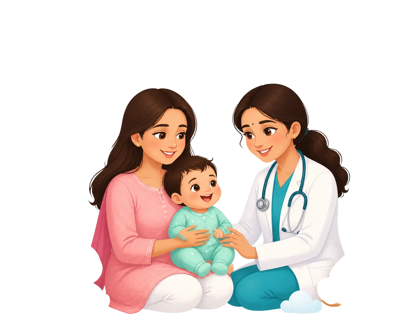 Illustration of Dr. Meenakshi Mohan, a pediatrician, examining a happy baby held by their mother at Vedha Pediacare